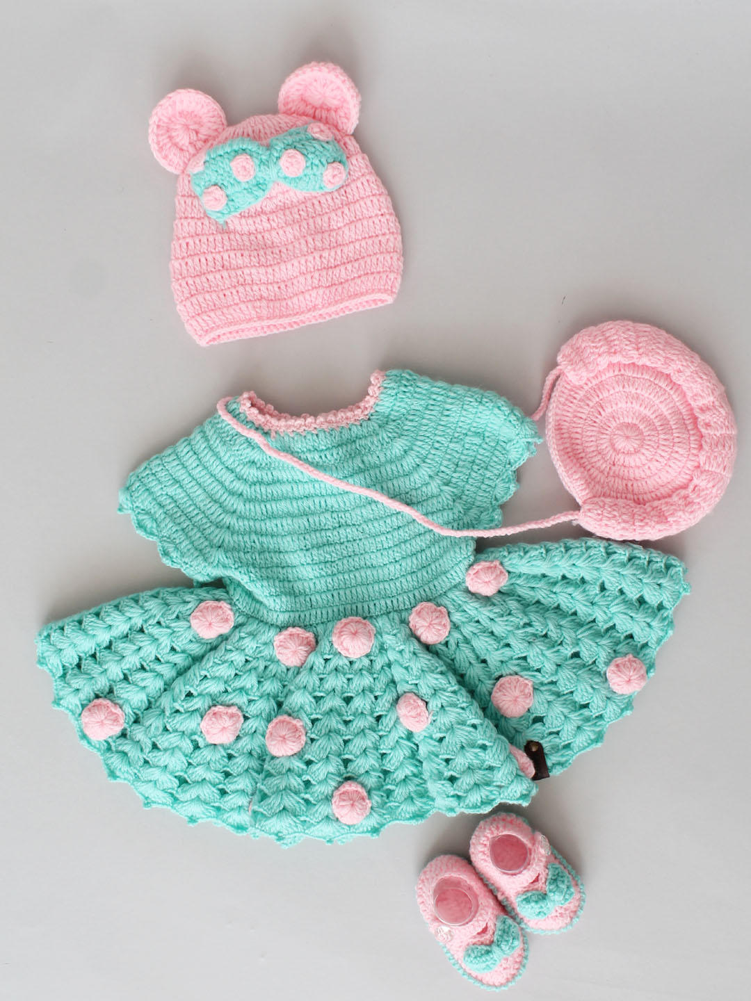 Woollen Frock Set for Newborn with Cap Booties & Bag - Green