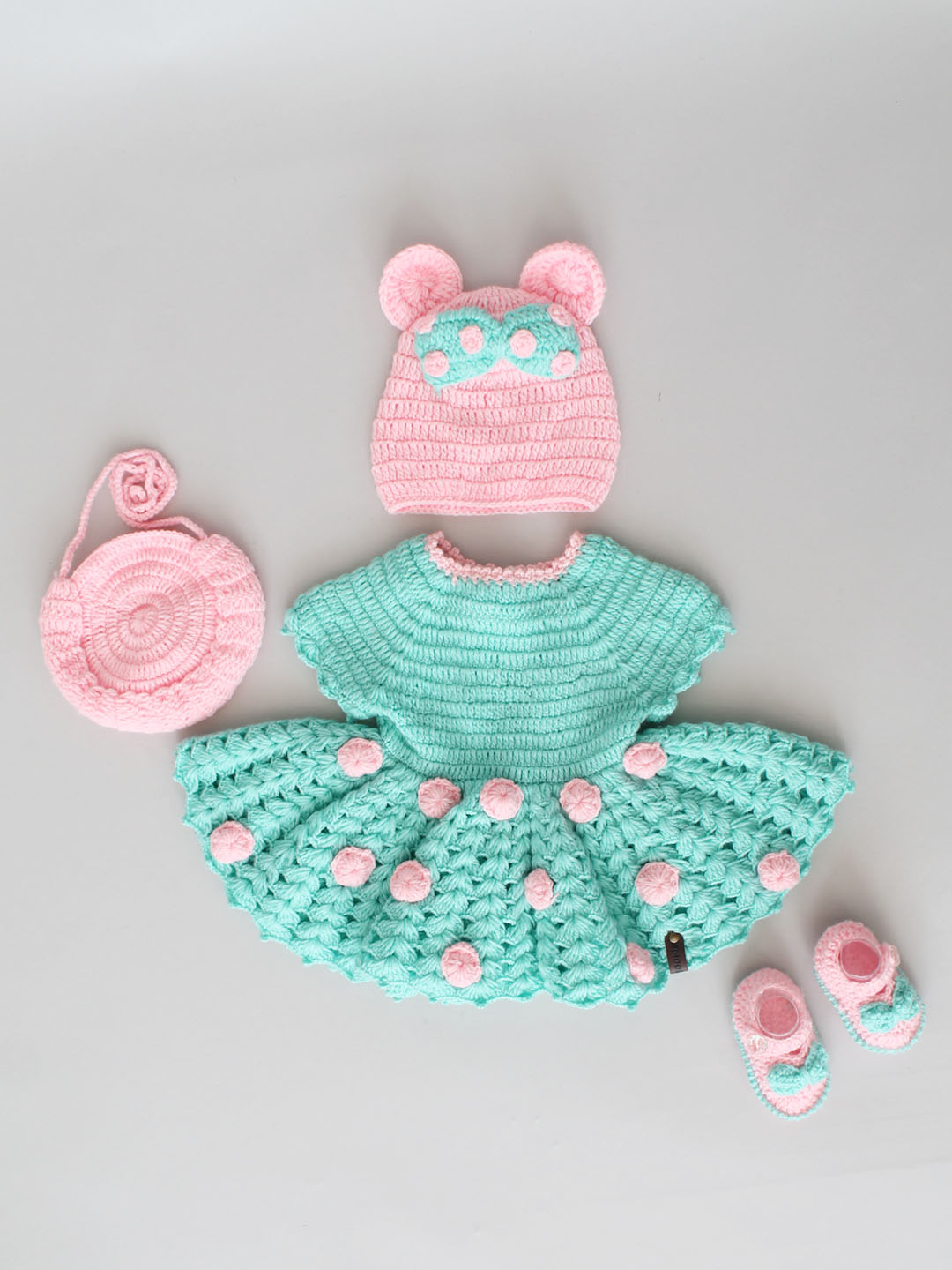 Woollen Frock Set for Newborn with Cap Booties & Bag - Green