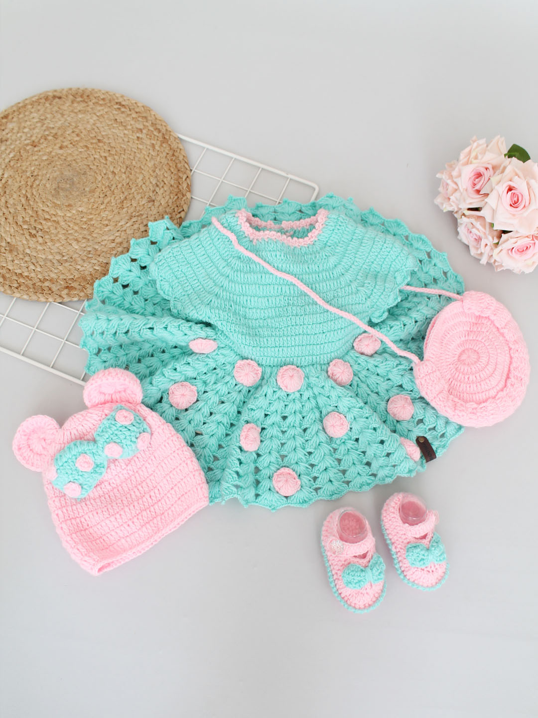 Woollen Frock Set for Newborn with Cap Booties & Bag - Green