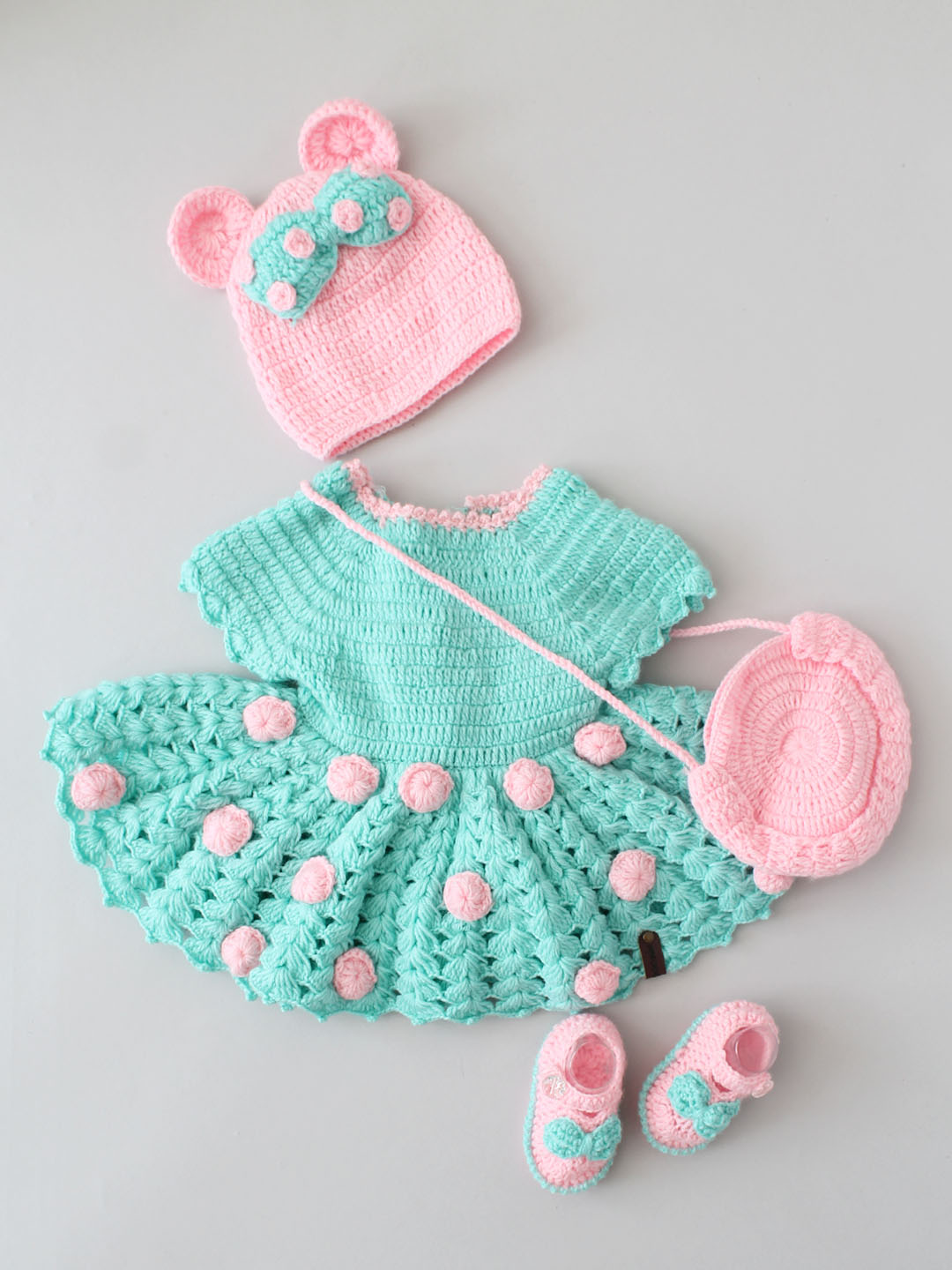 Woollen Frock Set for Newborn with Cap Booties & Bag - Green