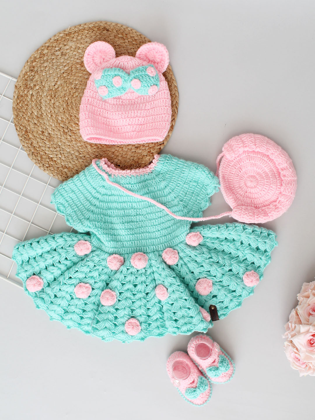 Woollen Frock Set for Newborn with Cap Booties & Bag - Green