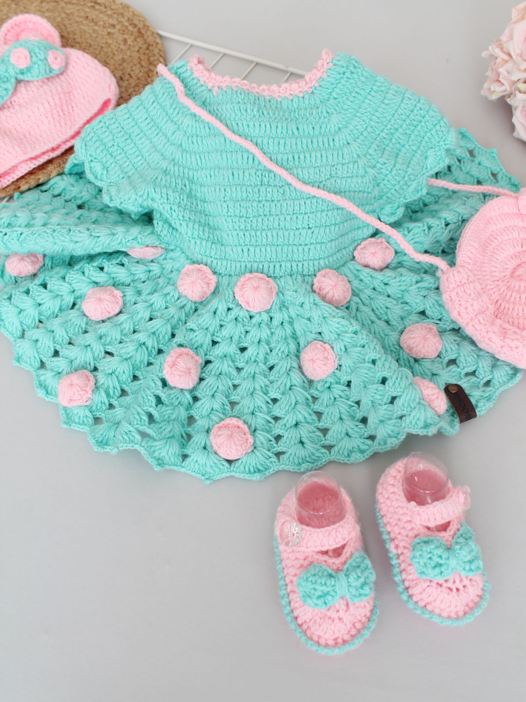 Woollen Frock Set for Newborn with Cap Booties & Bag - Green