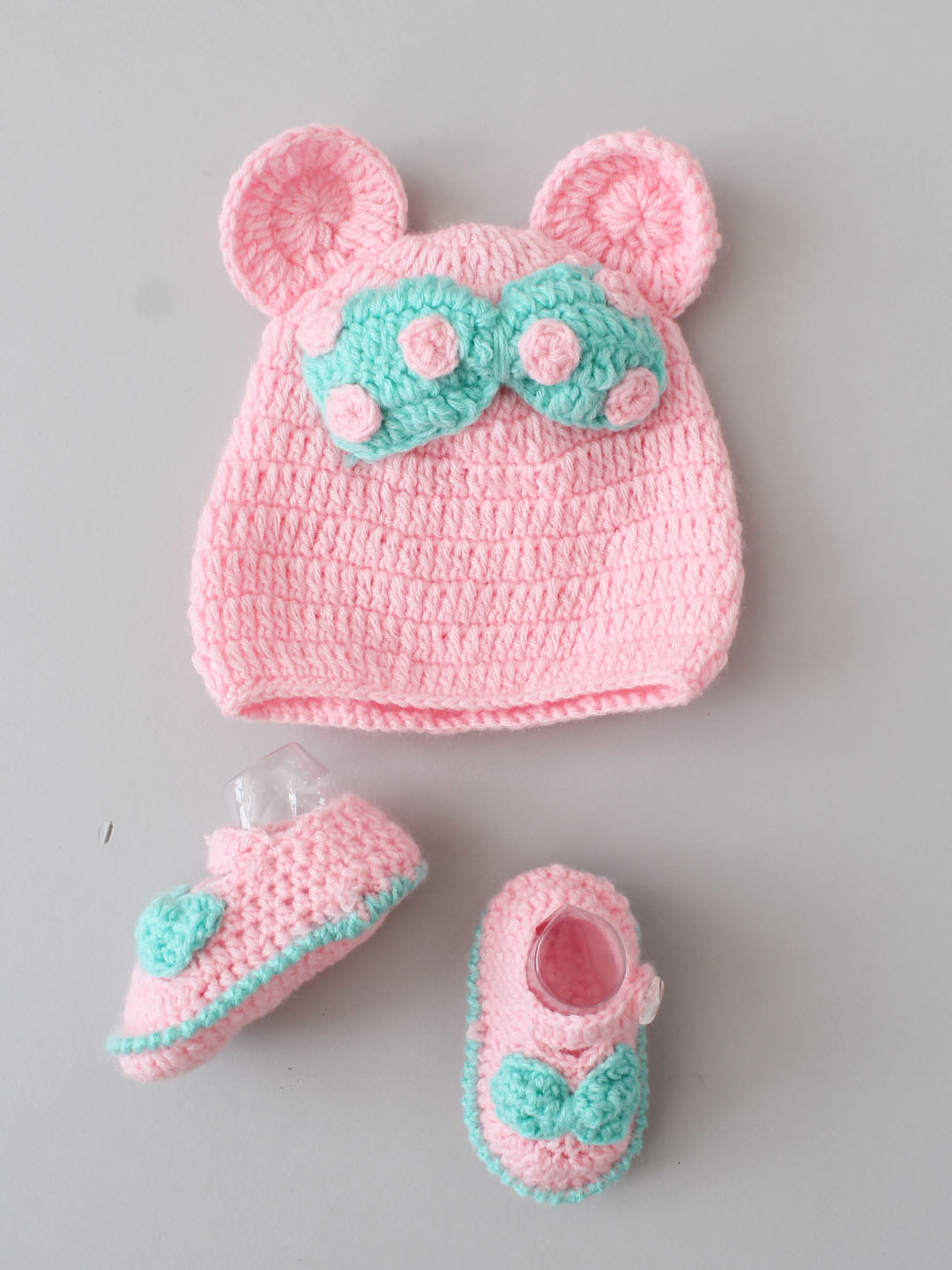 Woollen Frock Set for Newborn with Cap Booties & Bag - Green