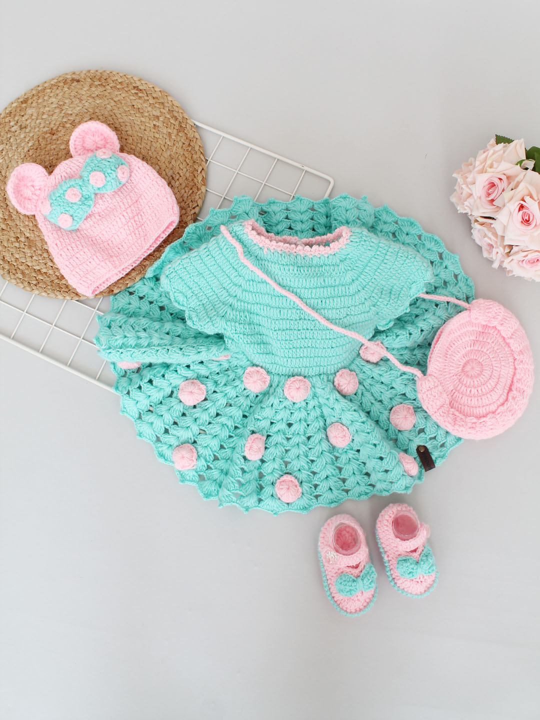 Woollen Frock Set for Newborn with Cap Booties & Bag - Green