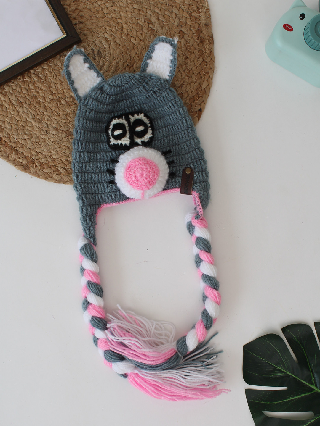 Woonie Animal Face Detailed Newborn Handmade Beanie - Grey