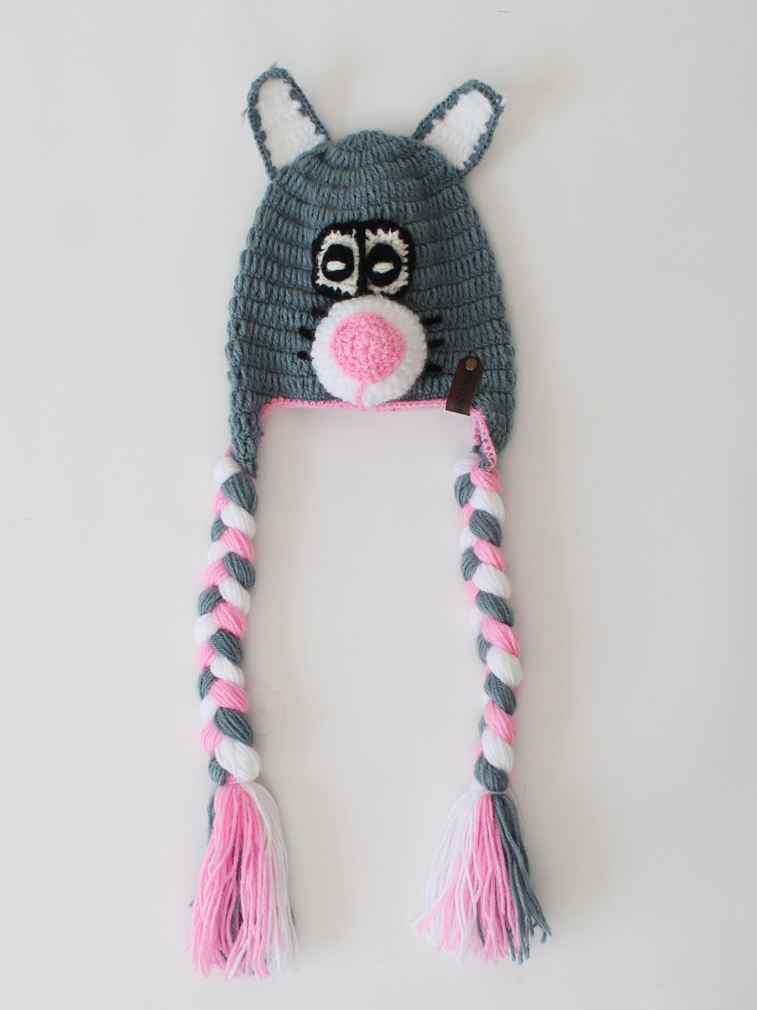 Woonie Animal Face Detailed Newborn Handmade Beanie - Grey