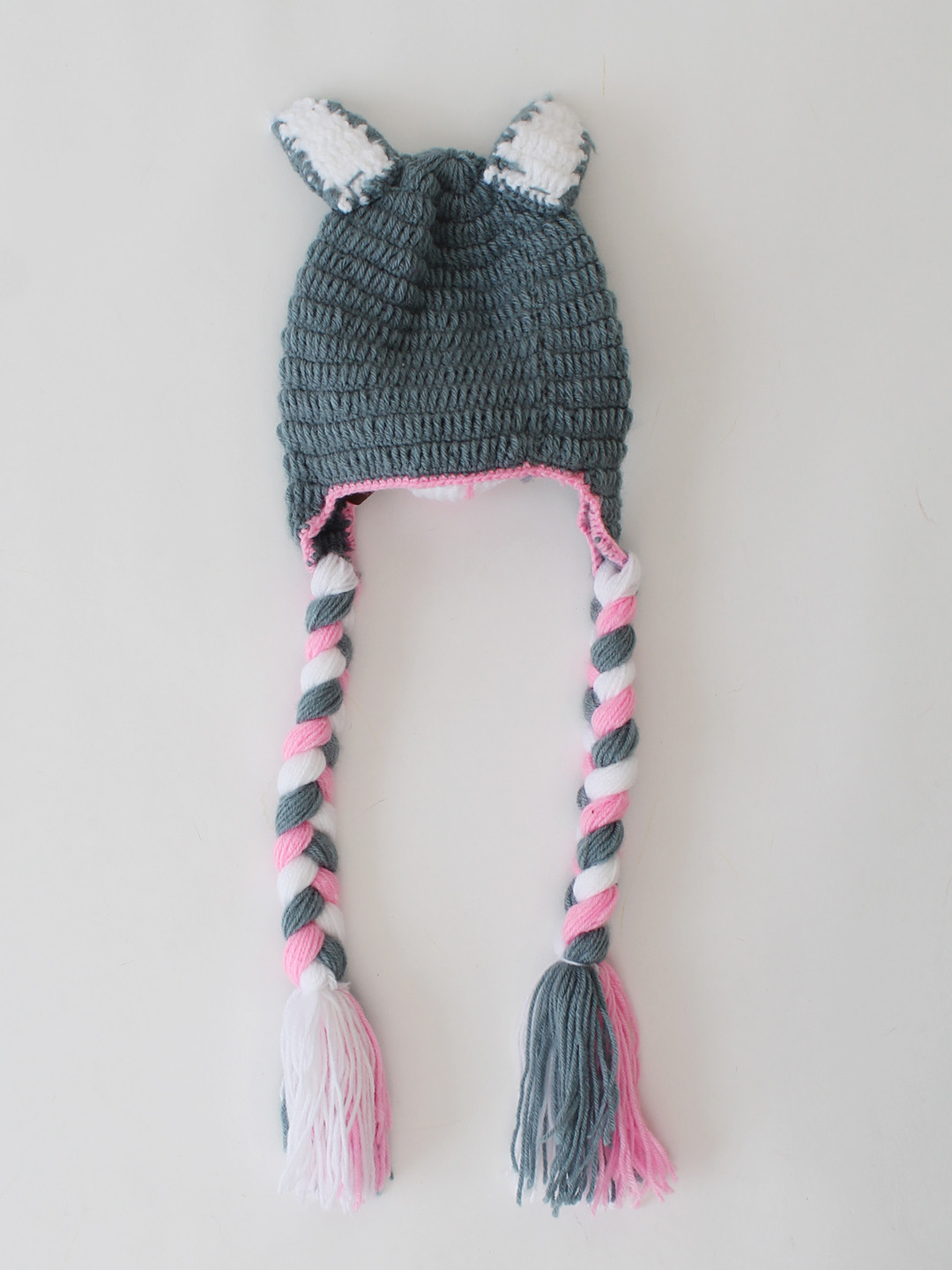 Woonie Animal Face Detailed Newborn Handmade Beanie - Grey