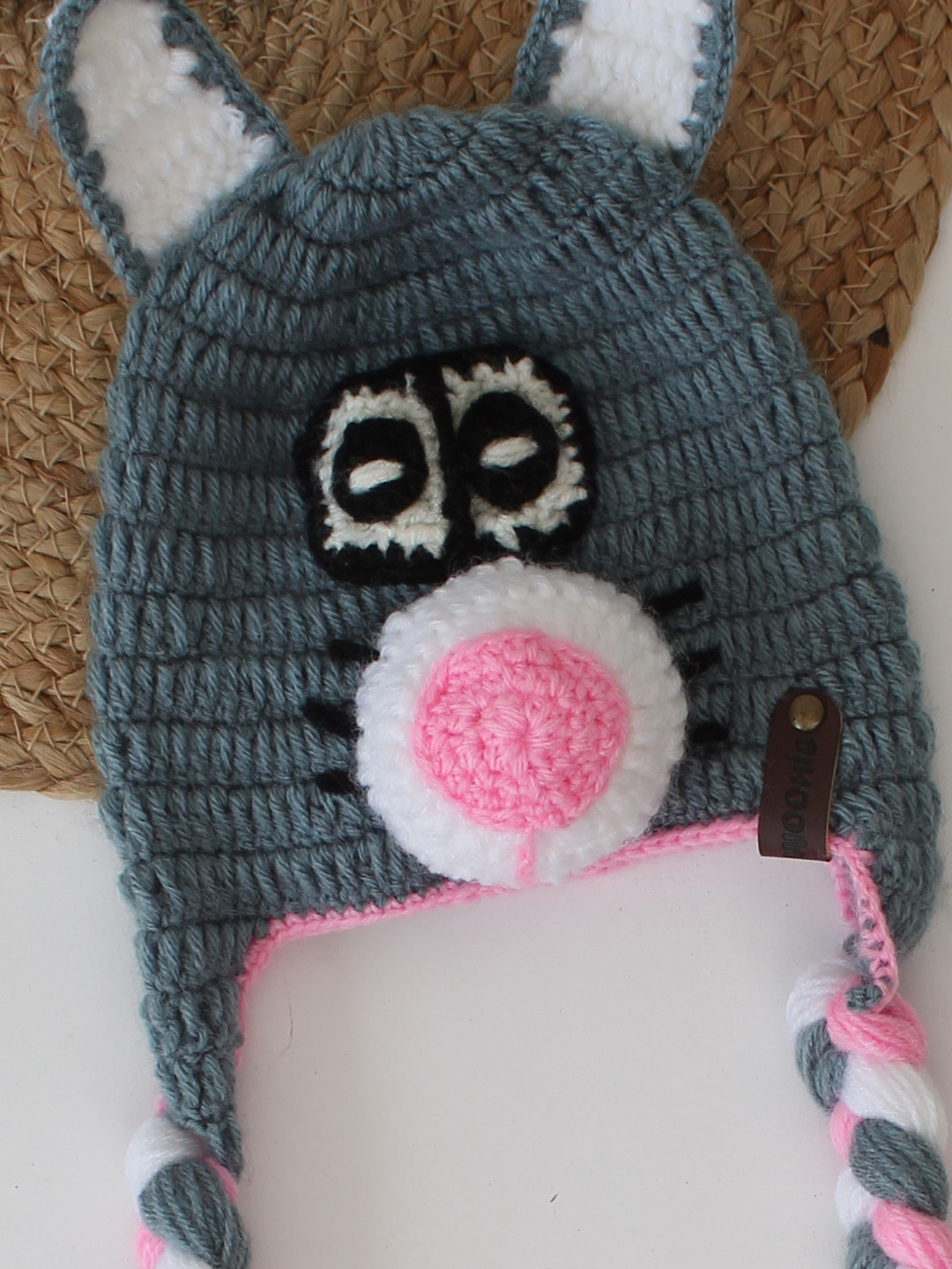 Woonie Animal Face Detailed Newborn Handmade Beanie - Grey