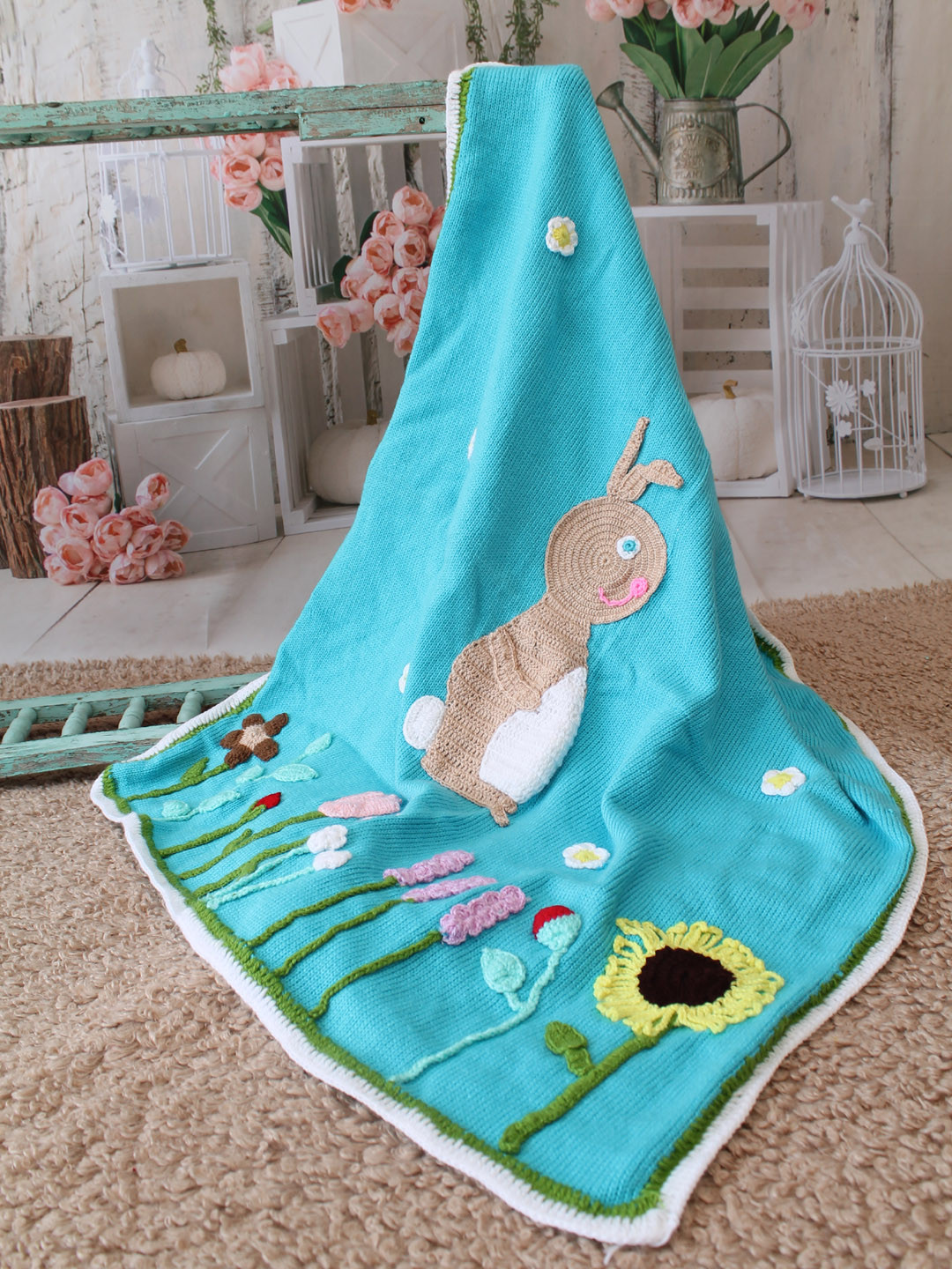 Woonie Applique Rabbit in the Garden Baby Blanket - Blue