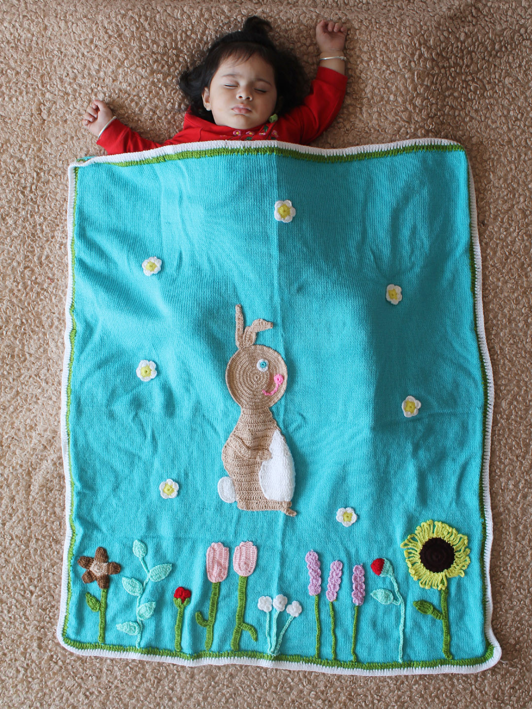 Woonie Applique Rabbit in the Garden Baby Blanket - Blue