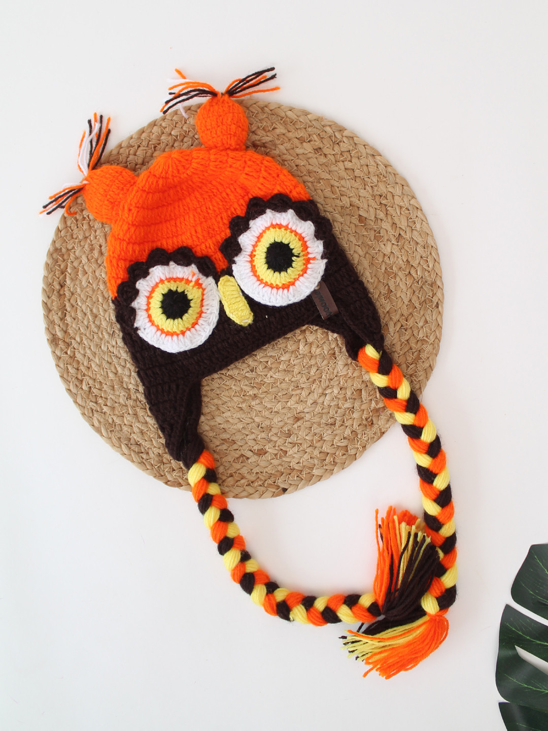 Woonie Bird Eyes Detailed Crochet Infants Cap - Orange