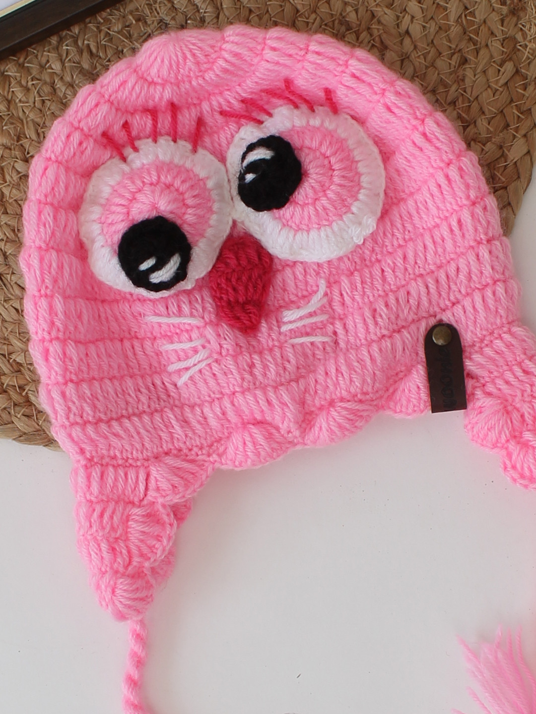 Woonie Birds Applique Handmade Crochet Beanie - Pink
