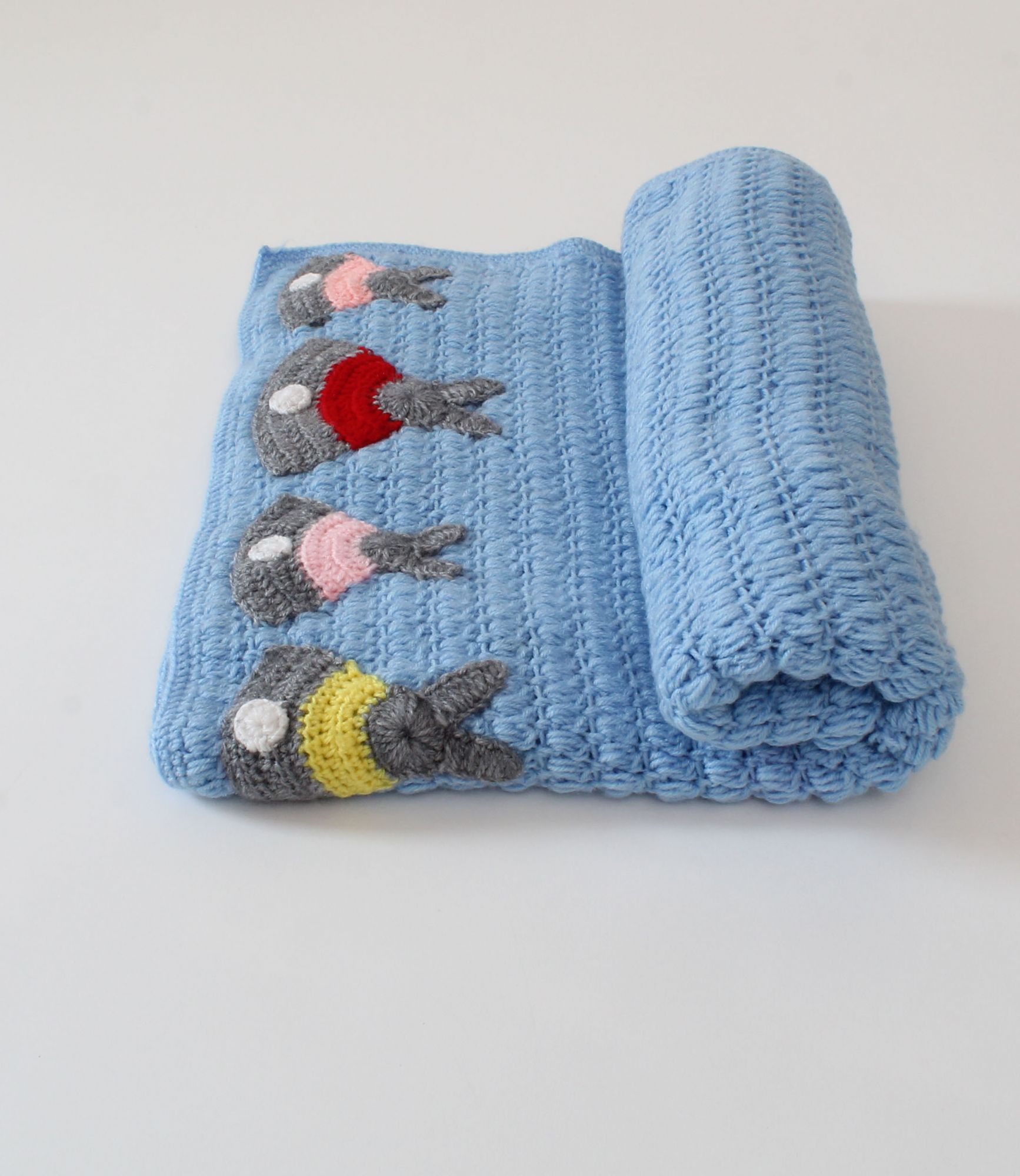 Woonie Blue Bunnies Handmade Crochet Pram Blanket for Kids
