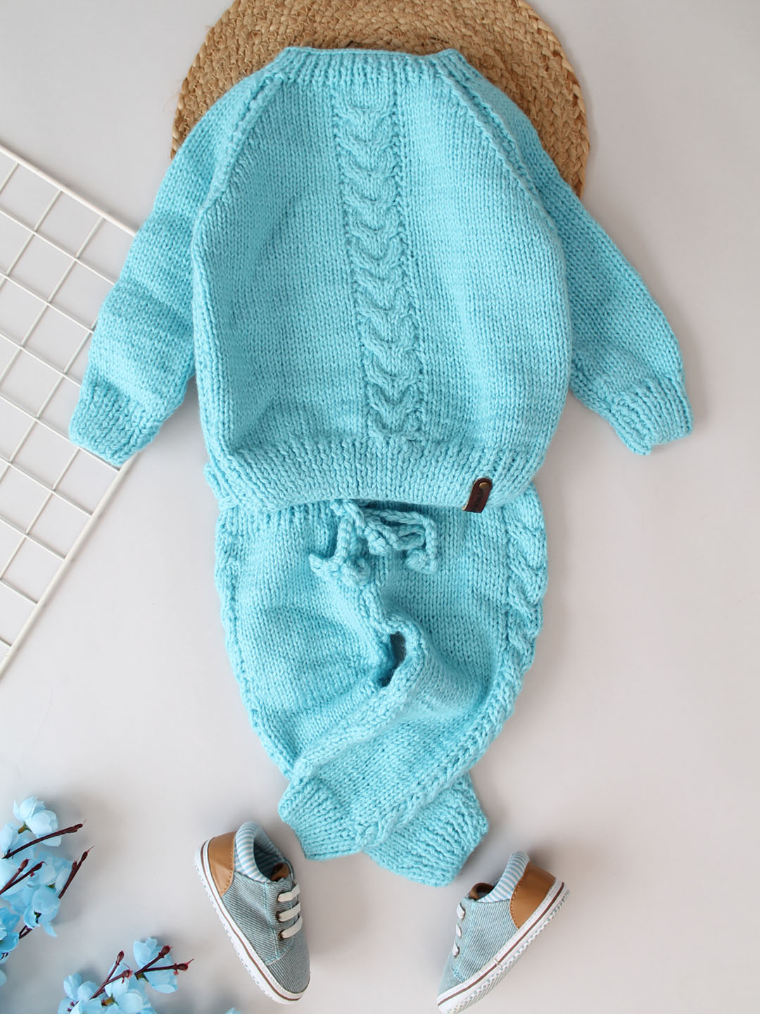 Woonie Cable Knit Sweater with Pants Set - Blue