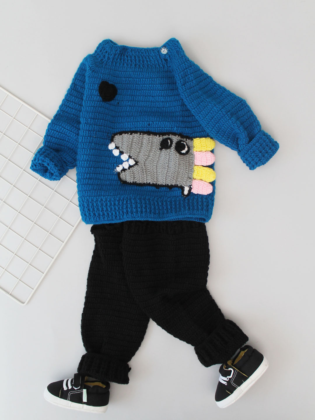 Woonie Crochet Dinosaur Sweater Set for Newborn - Blue