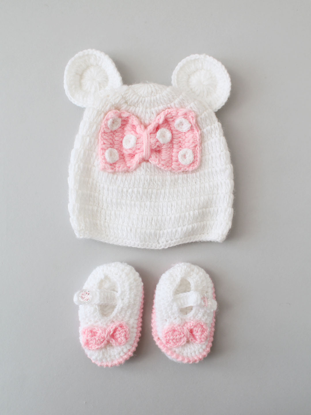 Woonie Crochet Frock with Cap and Booties - Baby Pink