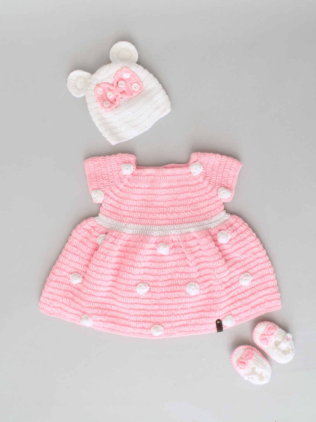 Woonie Crochet Frock with Cap and Booties - Baby Pink