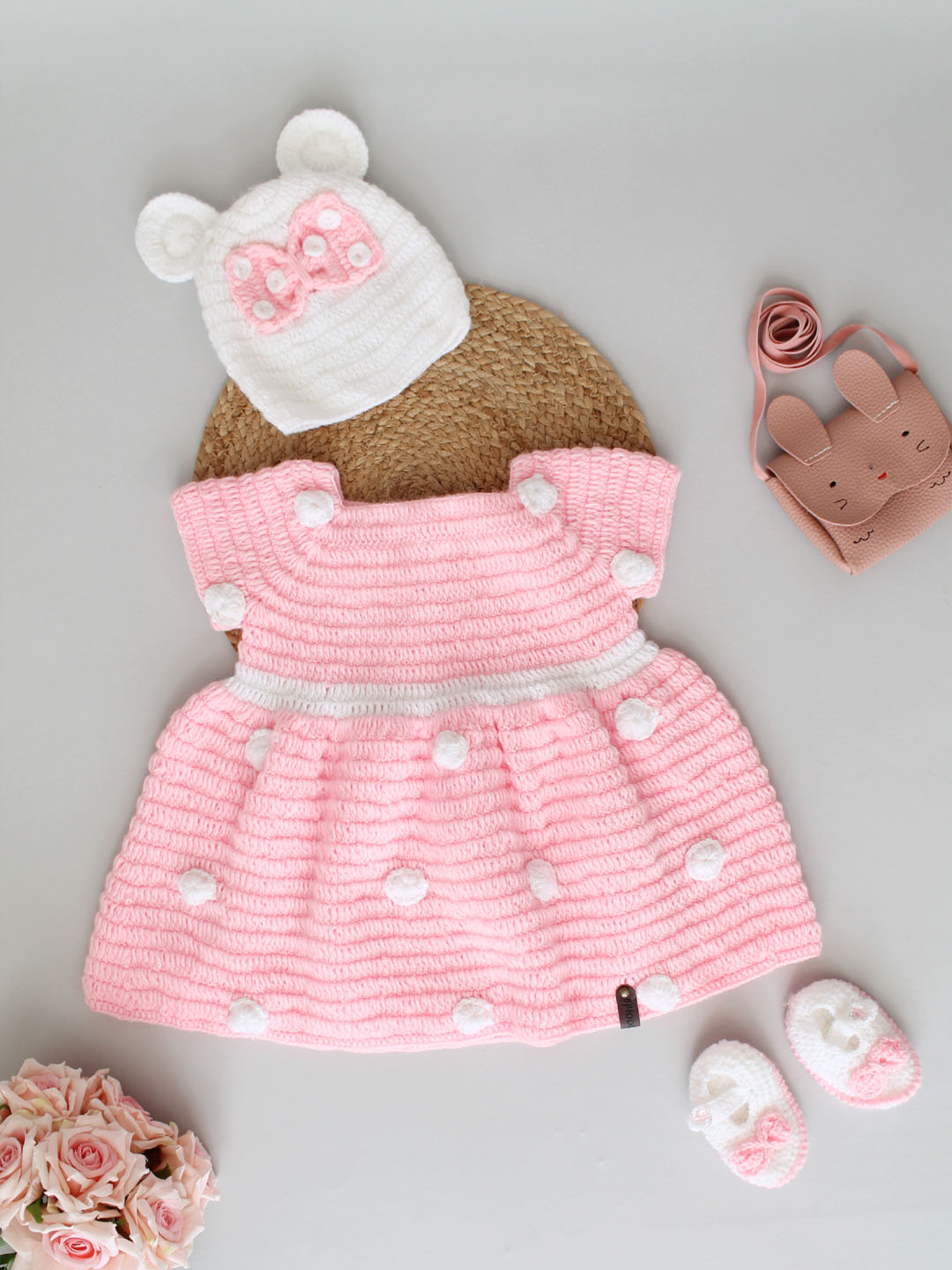 Woonie Crochet Frock with Cap and Booties - Baby Pink