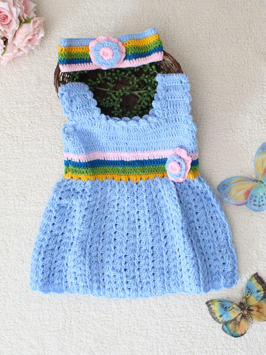 Woonie Crochet Frock with Headband- Blue