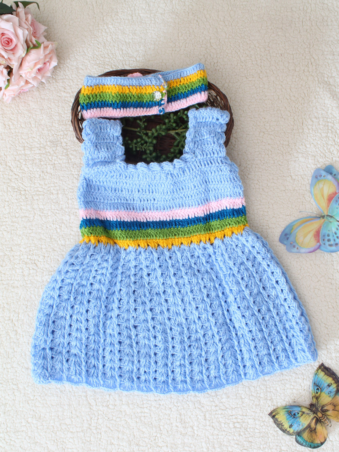 Woonie Crochet Frock with Headband- Blue