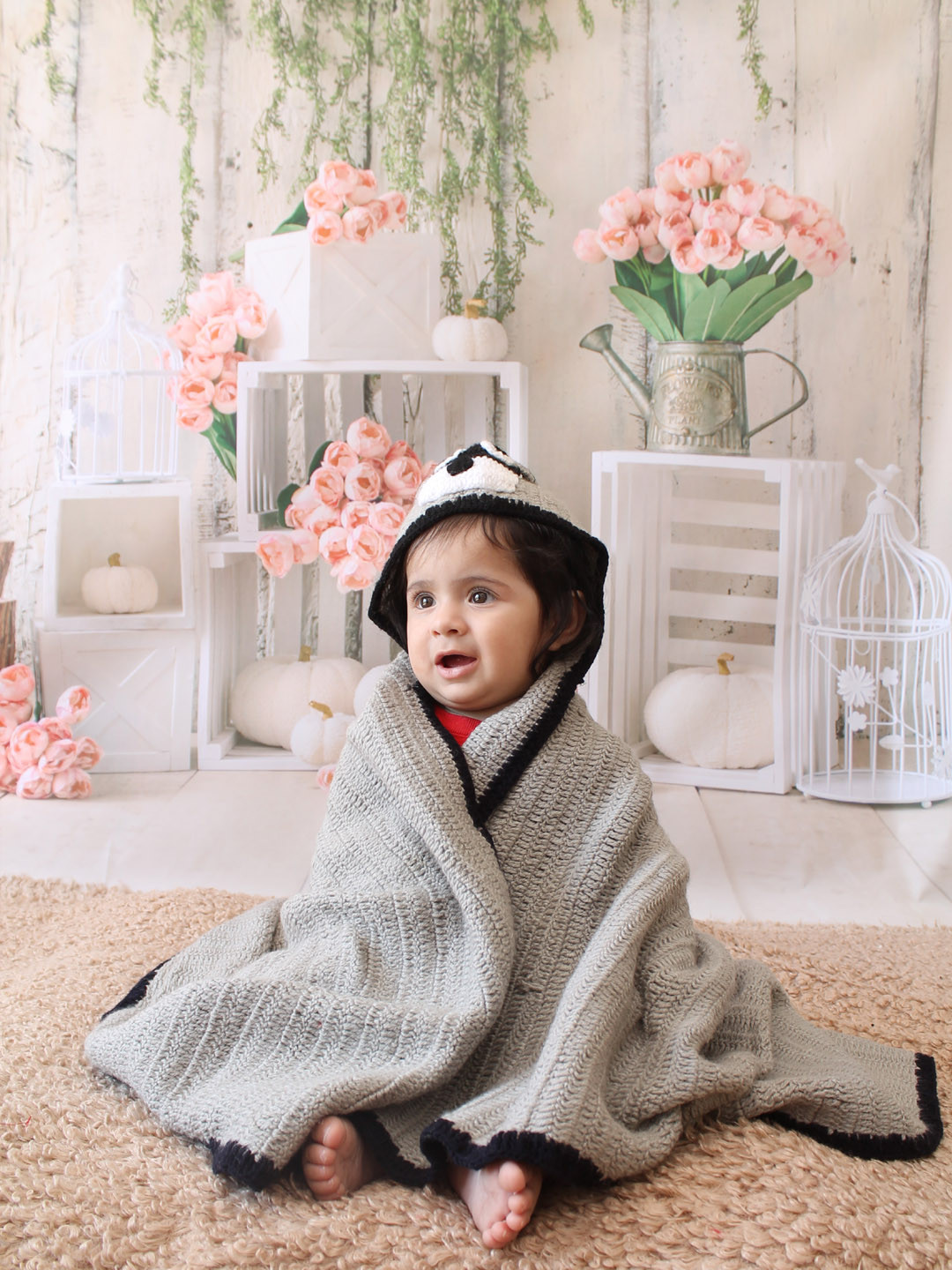 Woonie Crochet Hooded Baby WrapBlanket for Newborn - Grey