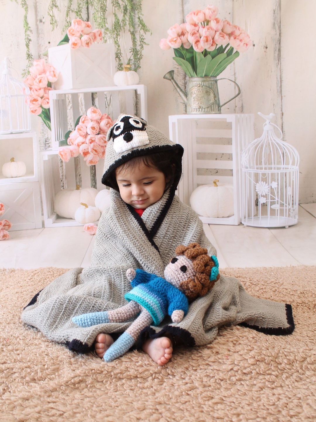 Woonie Crochet Hooded Baby WrapBlanket for Newborn - Grey