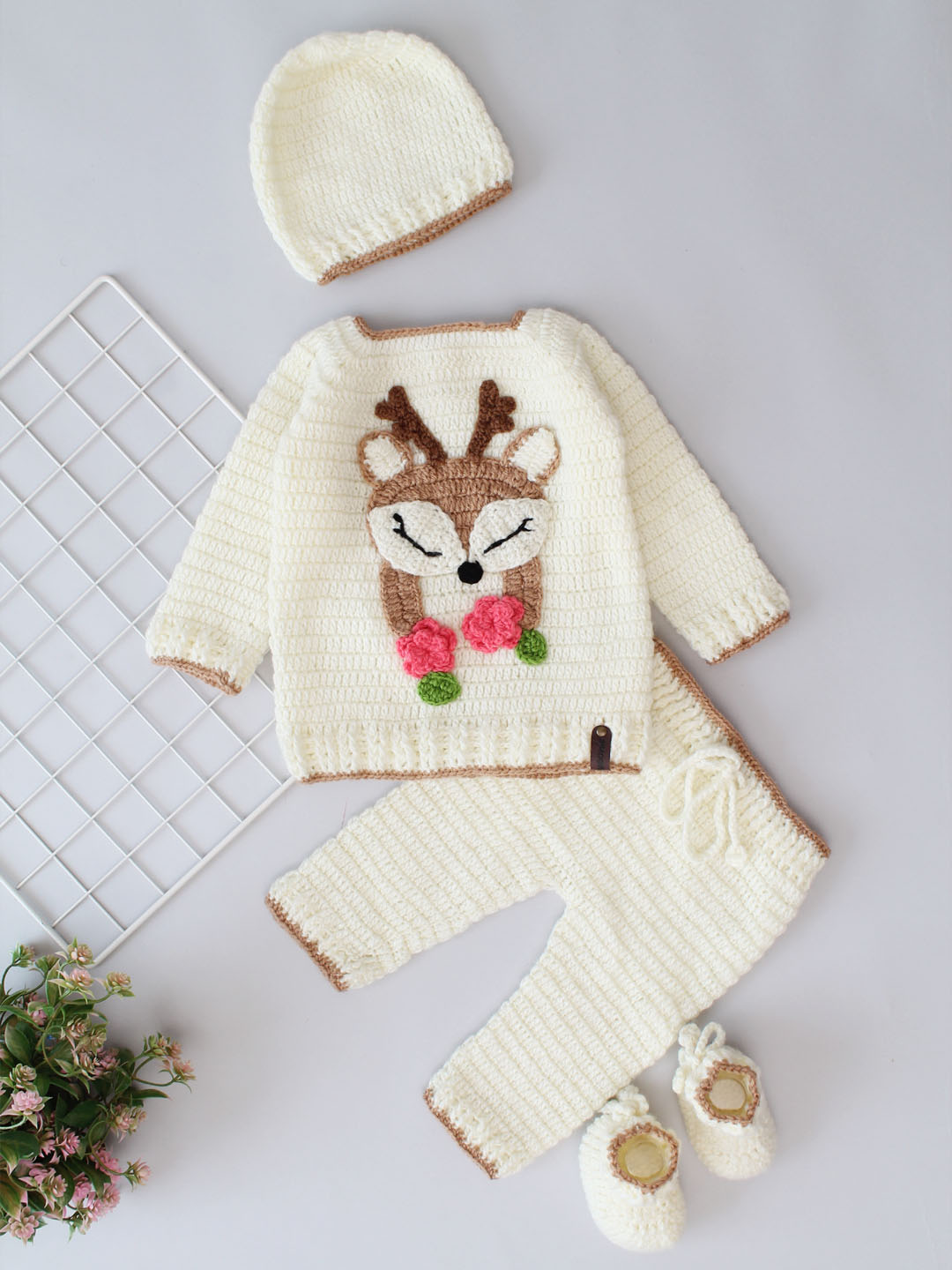 Woonie Crochet Matching Sweater and Pants Set - Cream