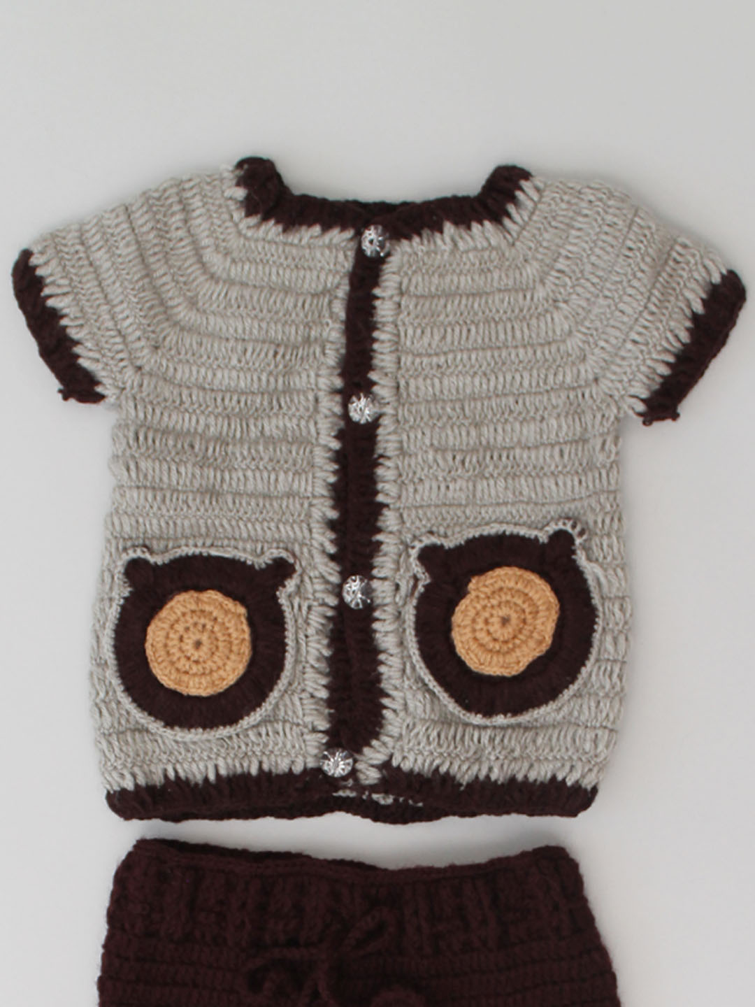 Woonie Crochet Newborn Sweater Set with Bear Pockets - Grey