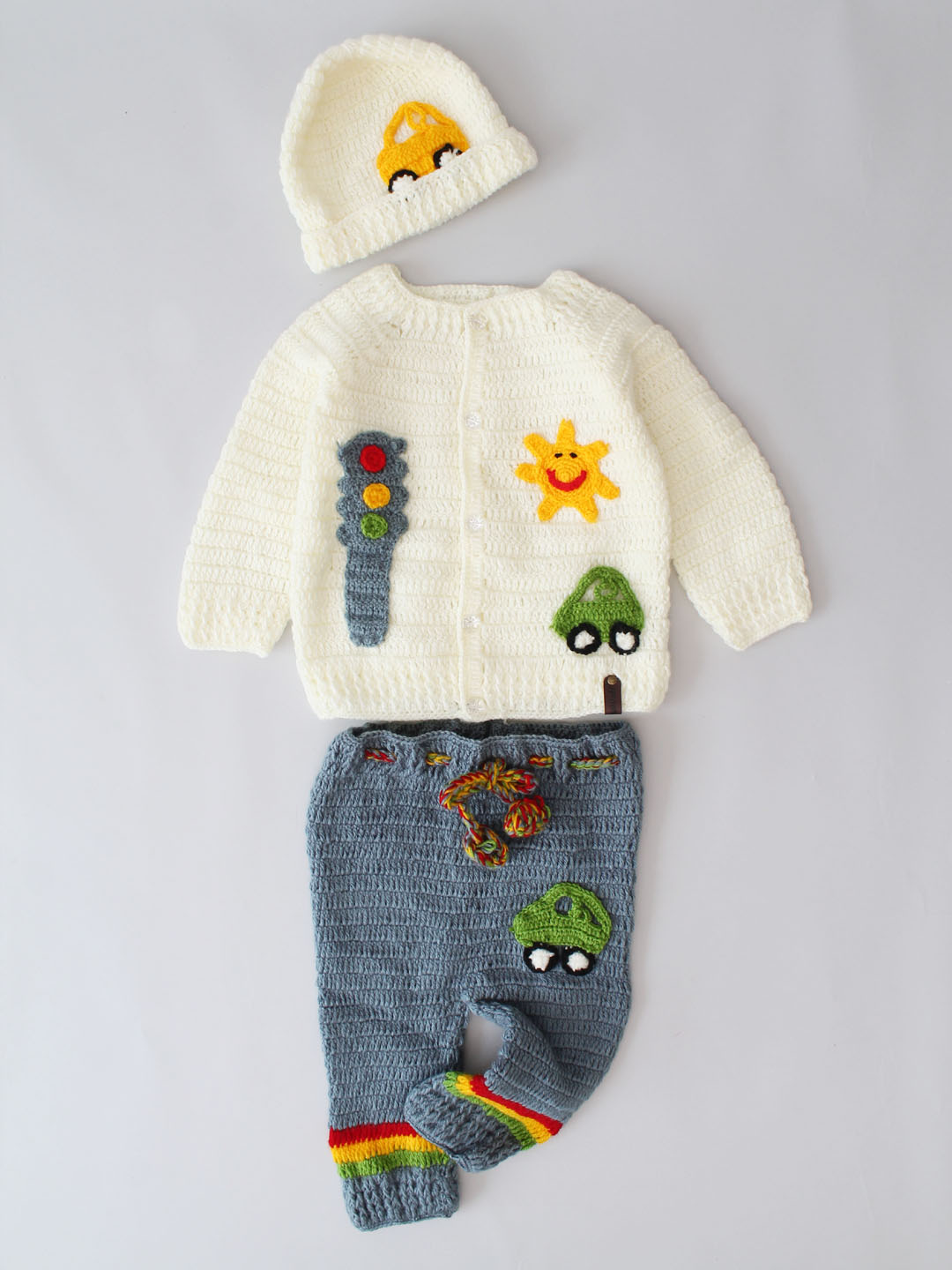 Woonie Crochet Traffic Theme Newborn Sweater Set - Cream