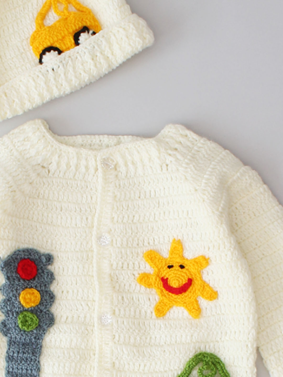 Woonie Crochet Traffic Theme Newborn Sweater Set - Cream
