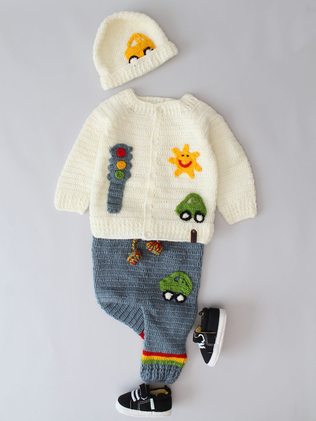 Woonie Crochet Traffic Theme Newborn Sweater Set - Cream