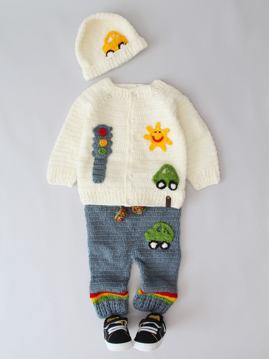 Woonie Crochet Traffic Theme Newborn Sweater Set - Cream