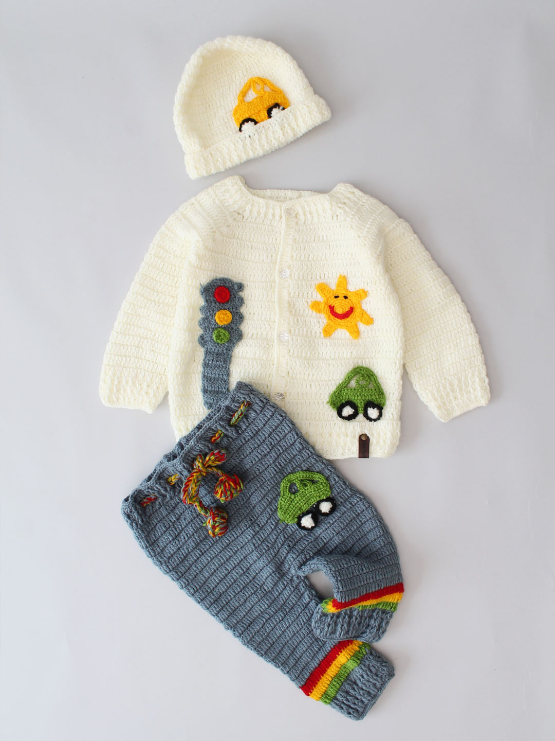 Woonie Crochet Traffic Theme Newborn Sweater Set - Cream