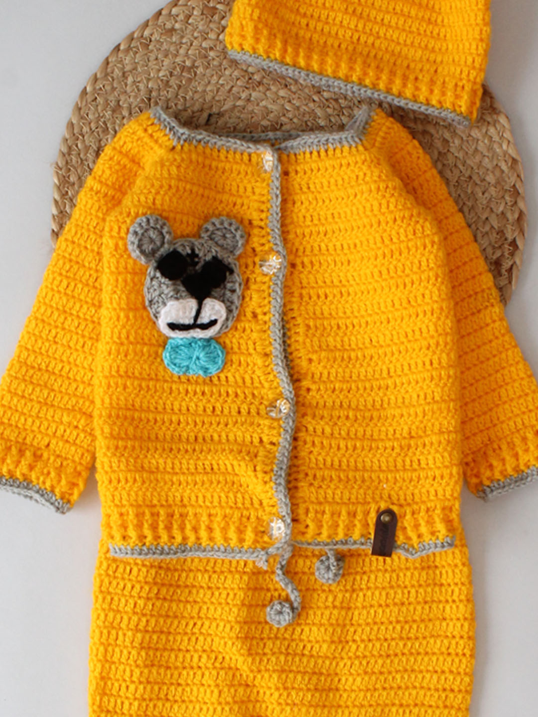 Woonie Front Open Sweater with Pants Caps & Booties - Yellow
