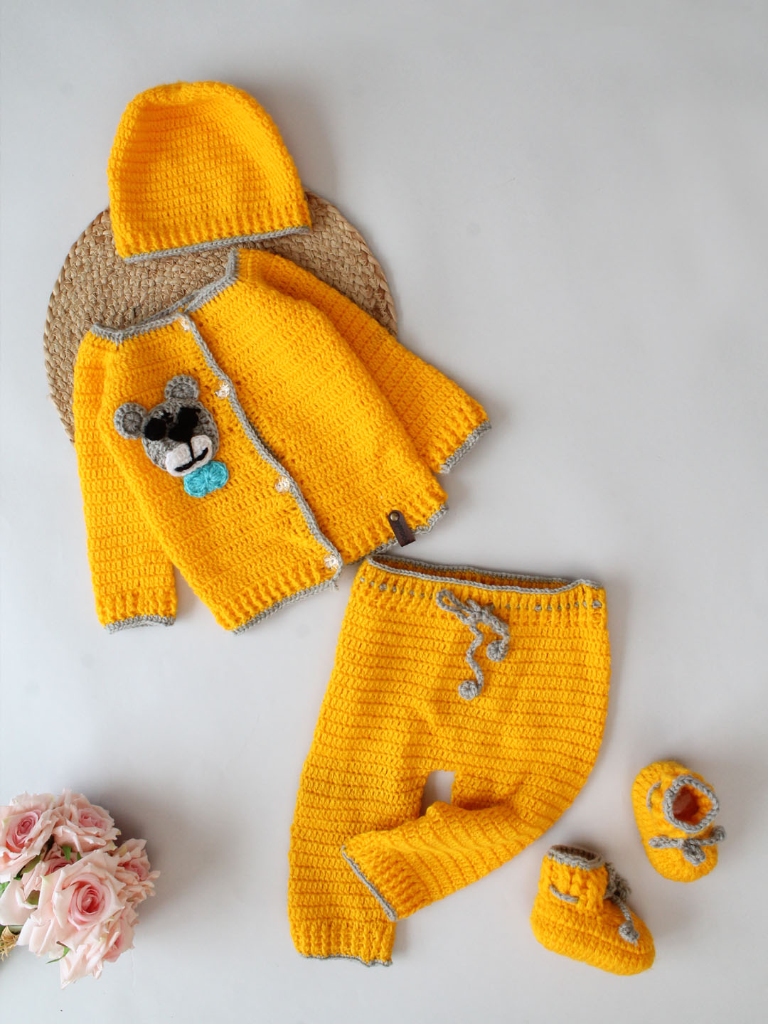 Woonie Front Open Sweater with Pants Caps & Booties - Yellow