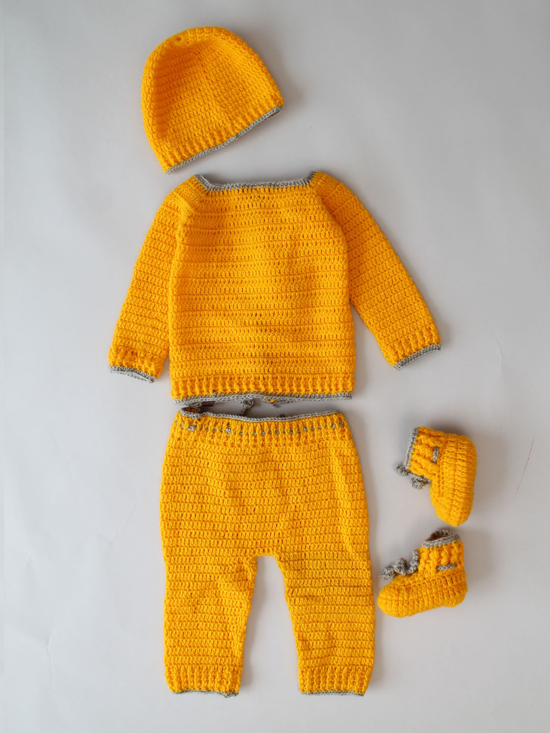 Woonie Front Open Sweater with Pants Caps & Booties - Yellow