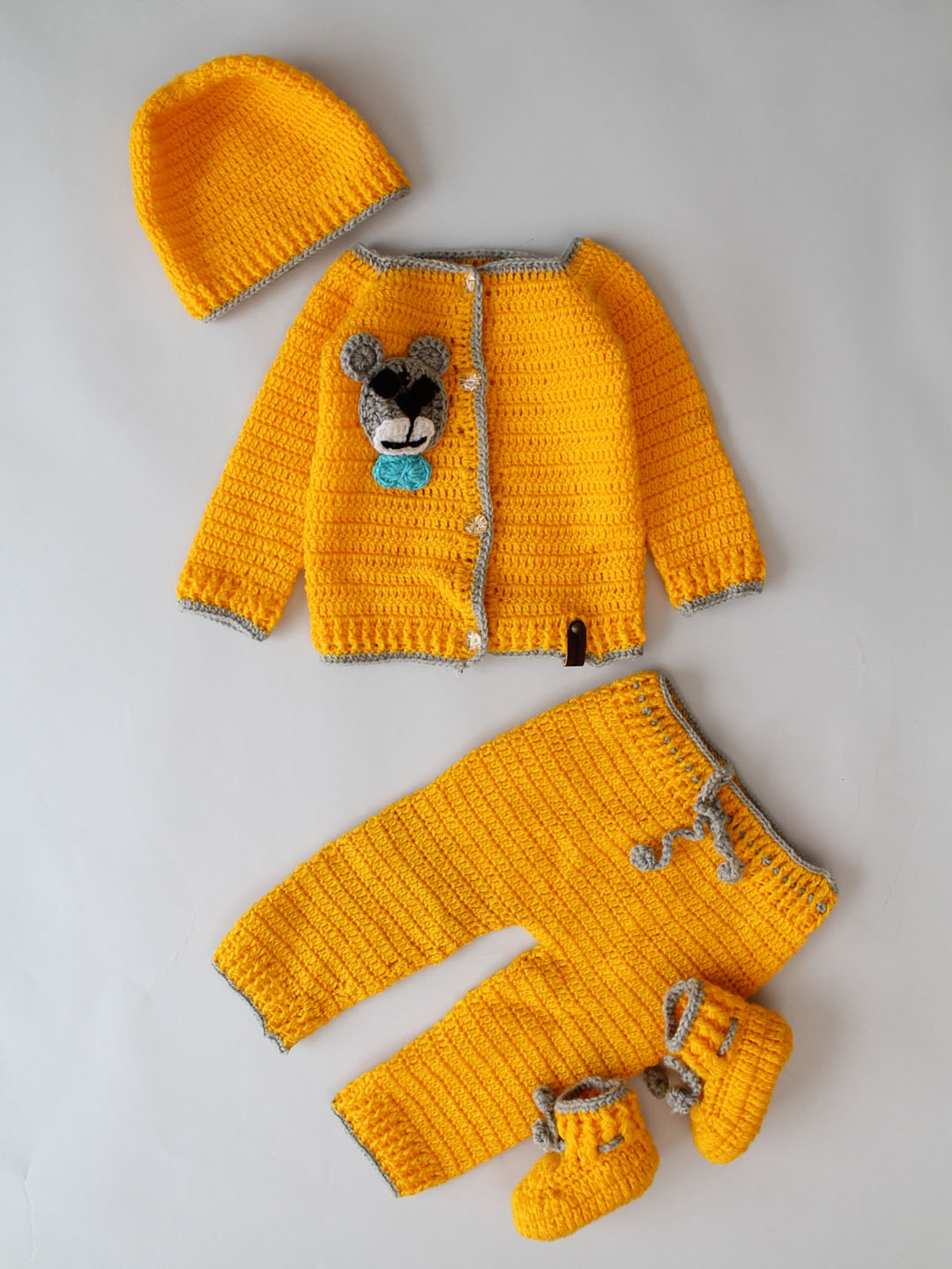 Woonie Front Open Sweater with Pants Caps & Booties - Yellow