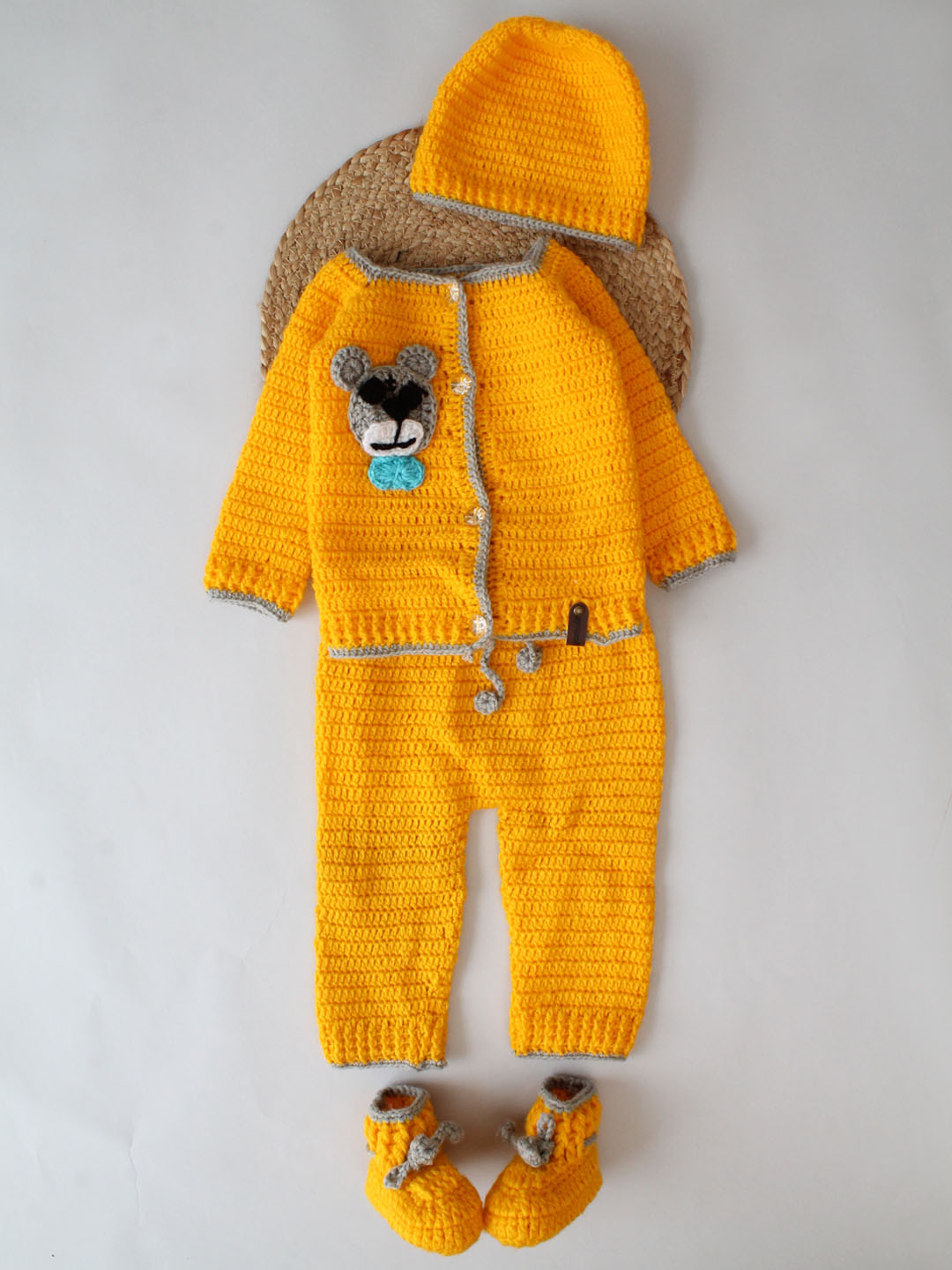 Woonie Front Open Sweater with Pants Caps & Booties - Yellow