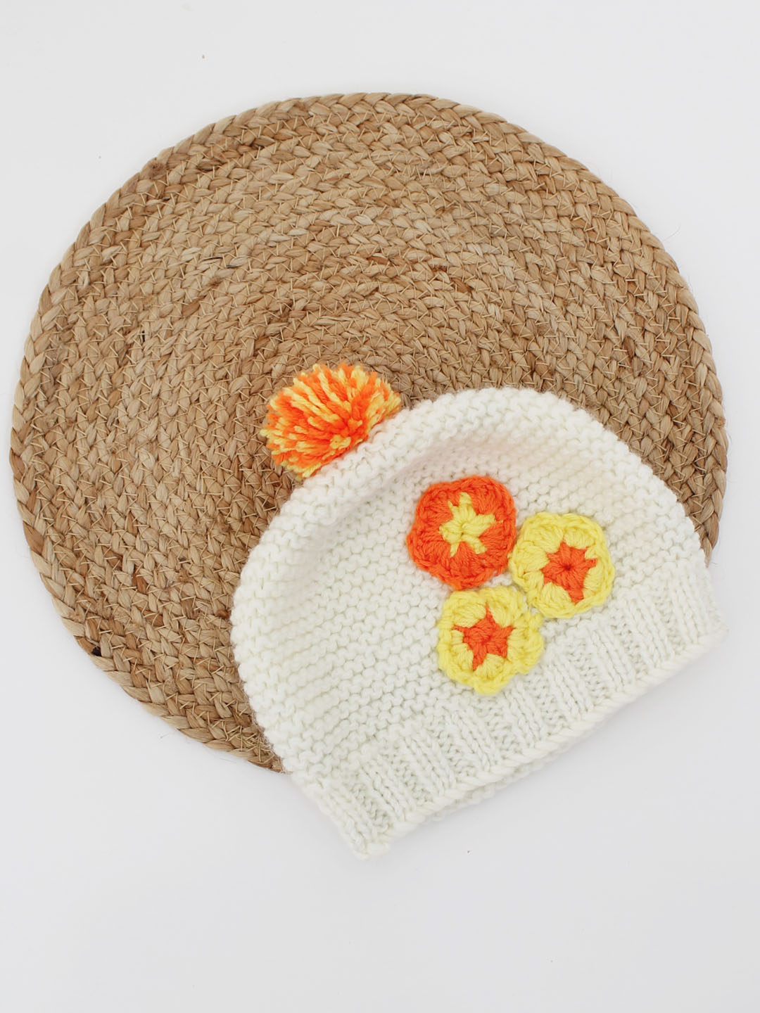 Woonie Hand Knit and Purl Woolen Cap for Infants - Cream