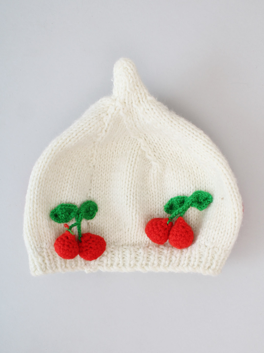 Woonie Handknitted Beret Style Beanie with Cherries - Off-White