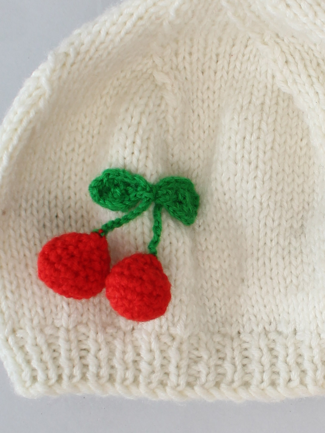 Woonie Handknitted Beret Style Beanie with Cherries - Off-White