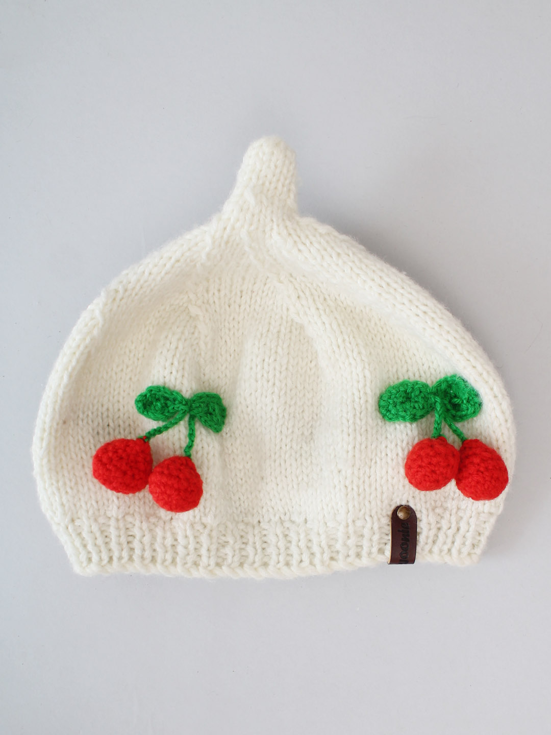 Woonie Handknitted Beret Style Beanie with Cherries - Off-White