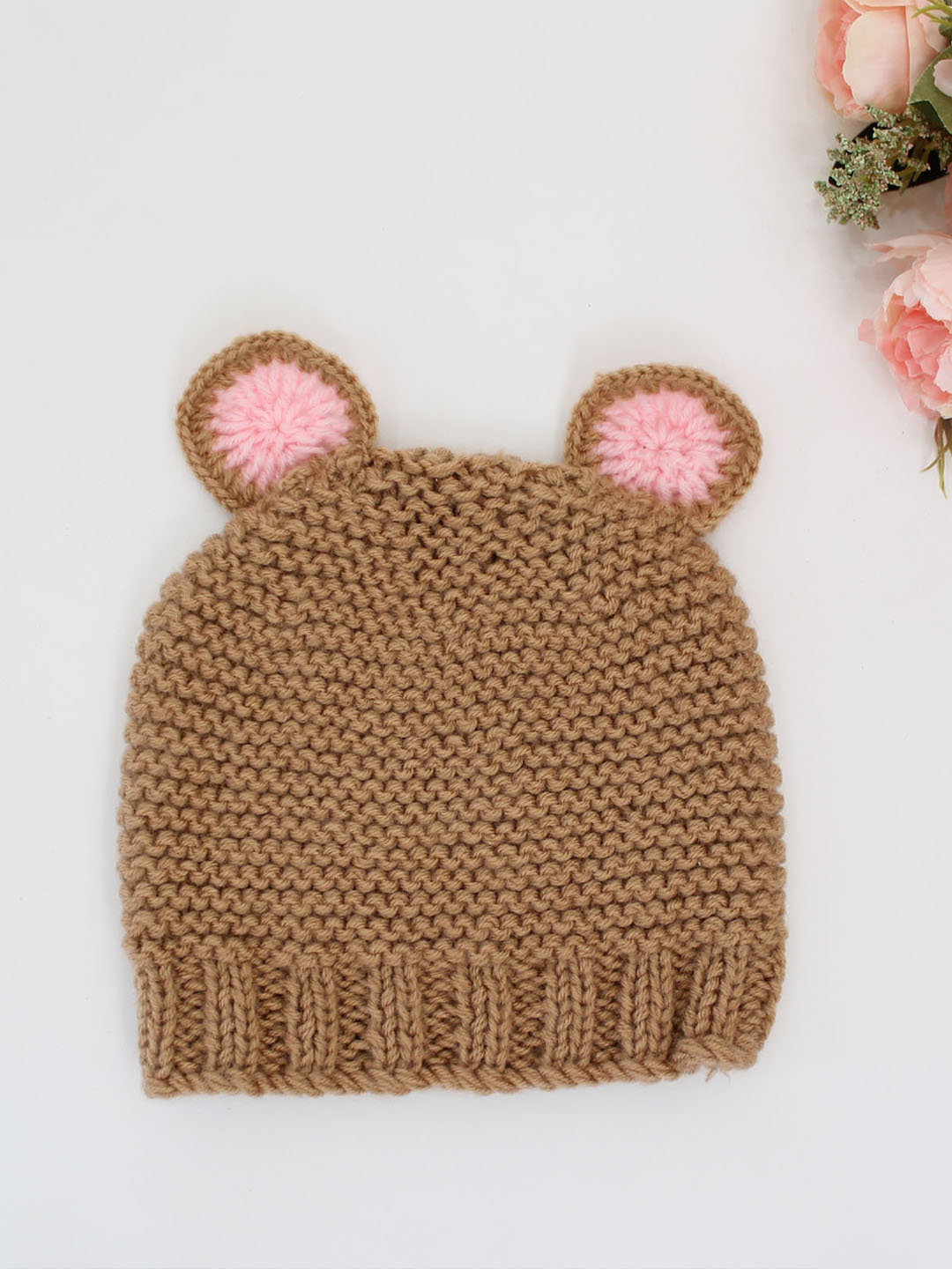 Woonie Handknitted Ear Detailing Woolen Cap for Infants -Brown
