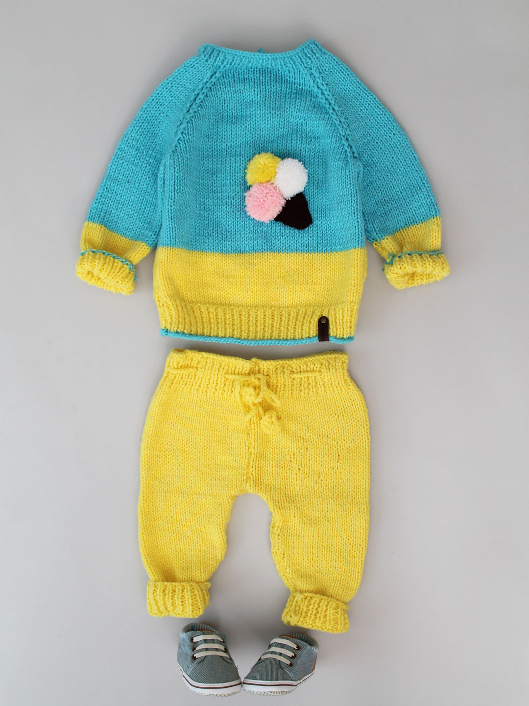 Woonie Handknitted Ice-cream Applique Sweater Pant Set - Blue