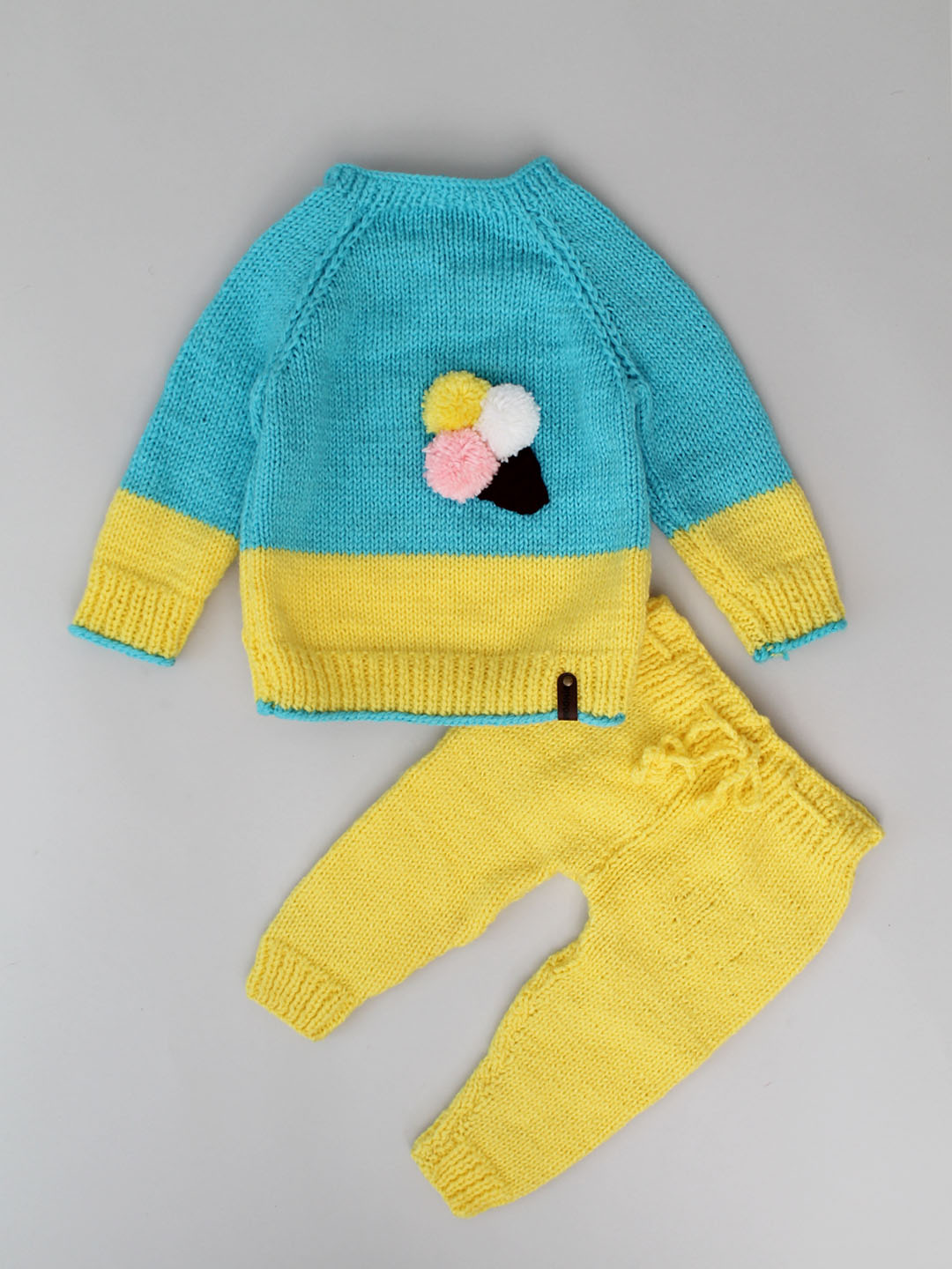 Woonie Handknitted Ice-cream Applique Sweater Pant Set - Blue