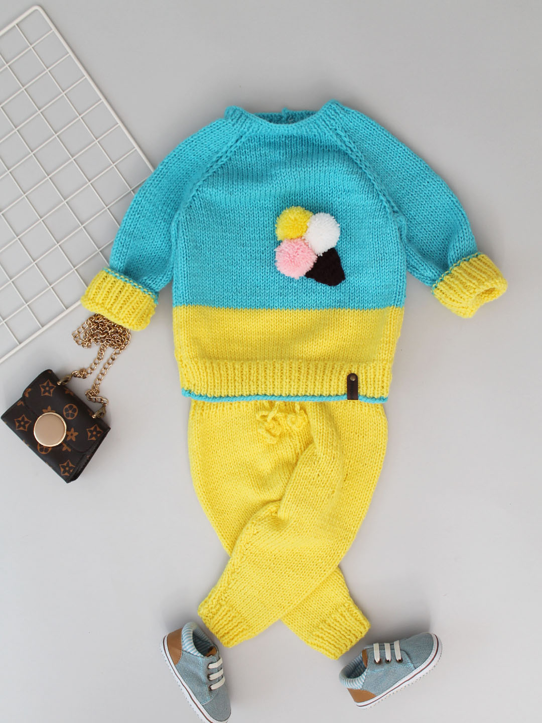 Woonie Handknitted Ice-cream Applique Sweater Pant Set - Blue