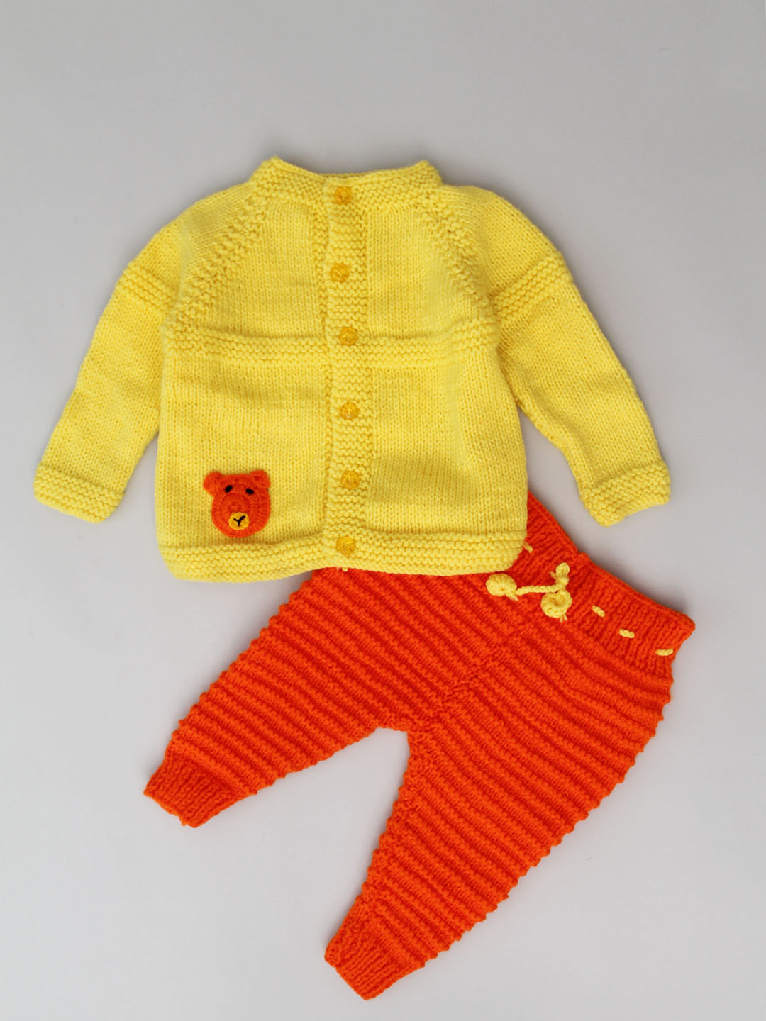 Woonie Handknitted Sweater Pant Set with Bear Applique-Yellow