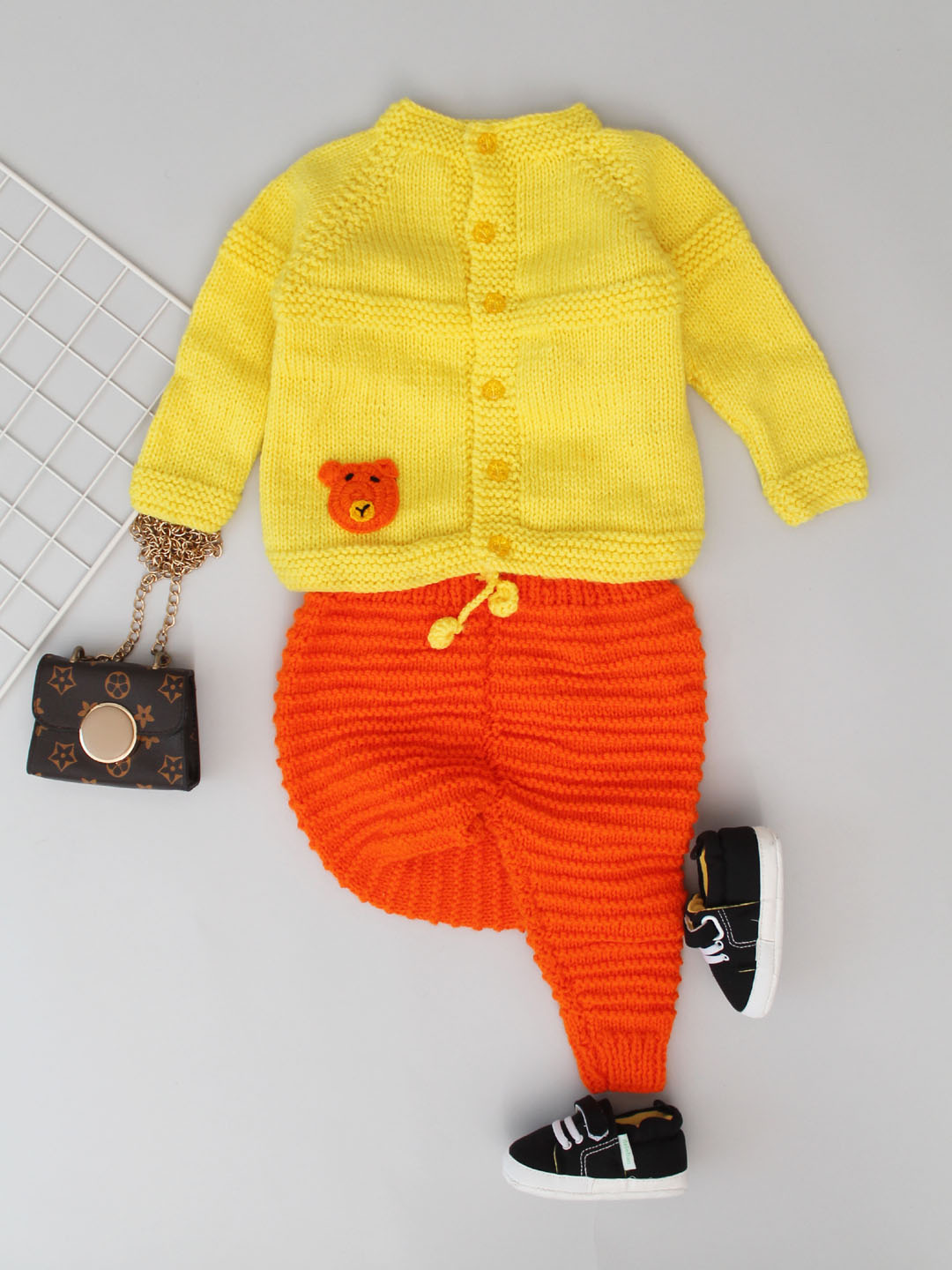 Woonie Handknitted Sweater Pant Set with Bear Applique-Yellow