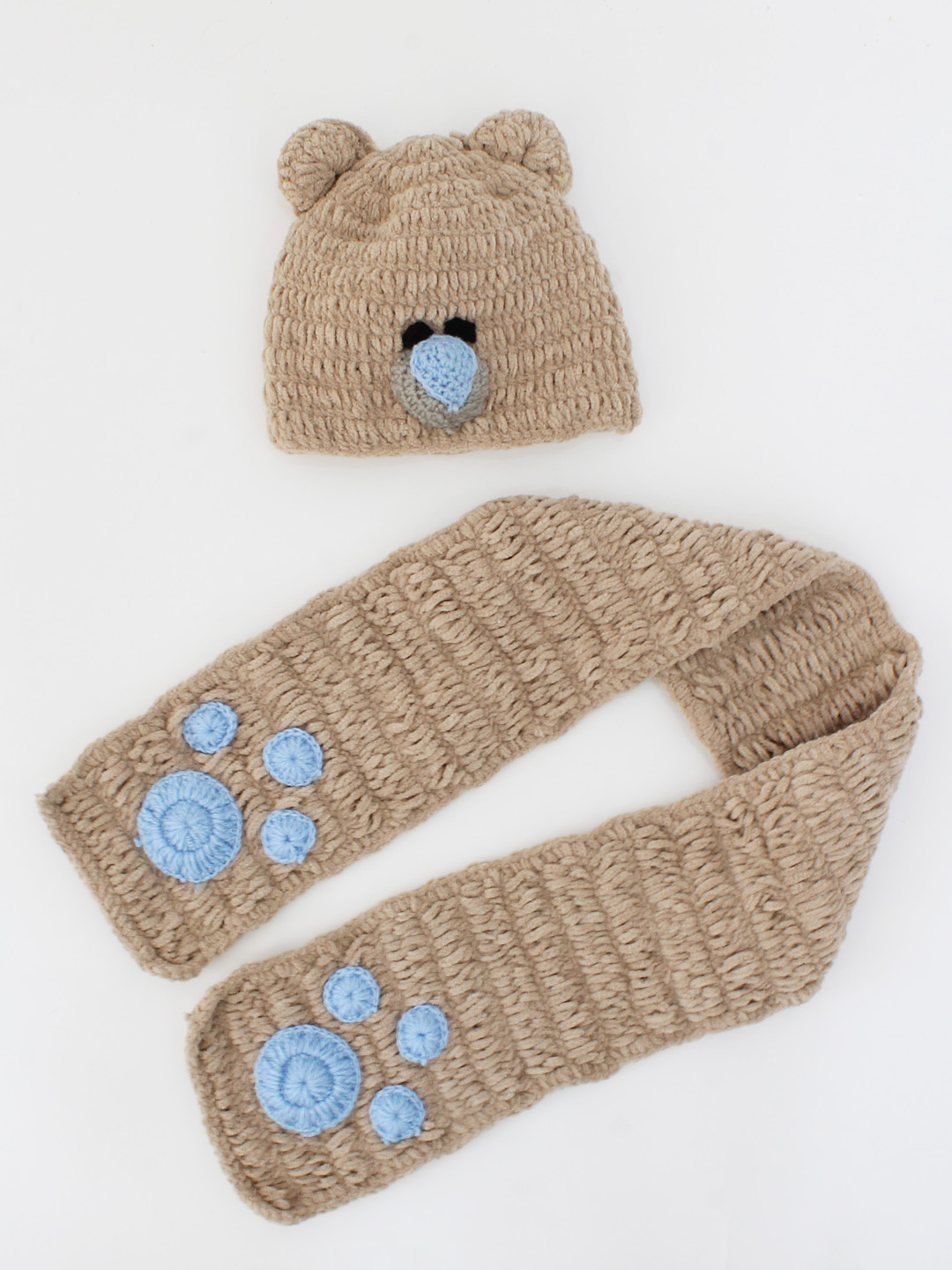 Woonie Handmade Bear Face Crochet Cap with Muffler - Beige
