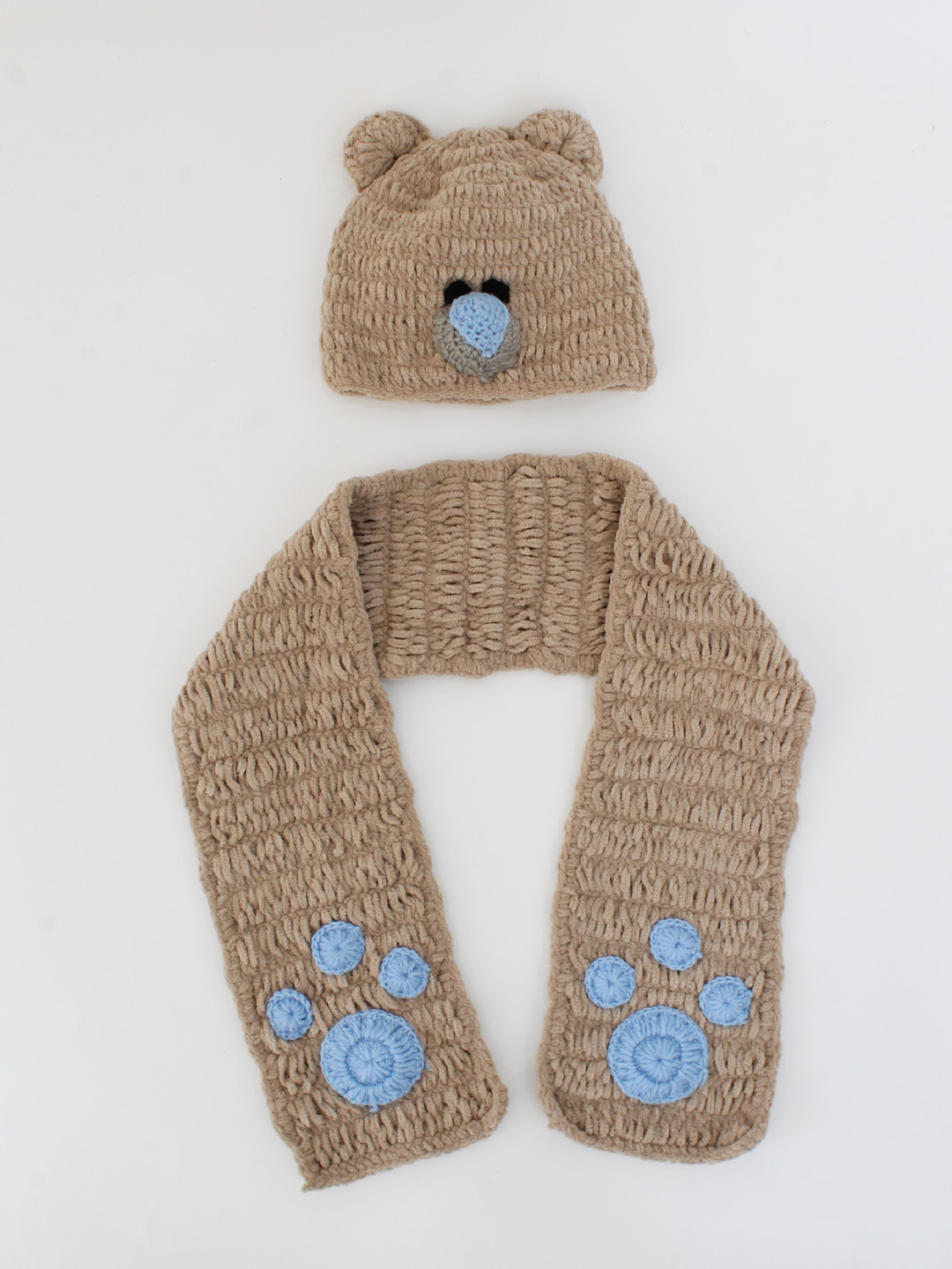 Woonie Handmade Bear Face Crochet Cap with Muffler - Beige